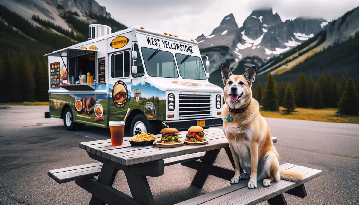 A happy dog sitting by its owner at the pet-friendly picnic tables of a food truck in West Yellowstone, with mountains visible in the distance.