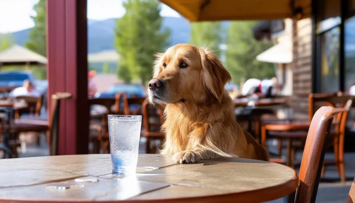 A well-behaved dog sitting at an outdoor restaurant table in West Yellowstone, with water and treats provided by the establishment.