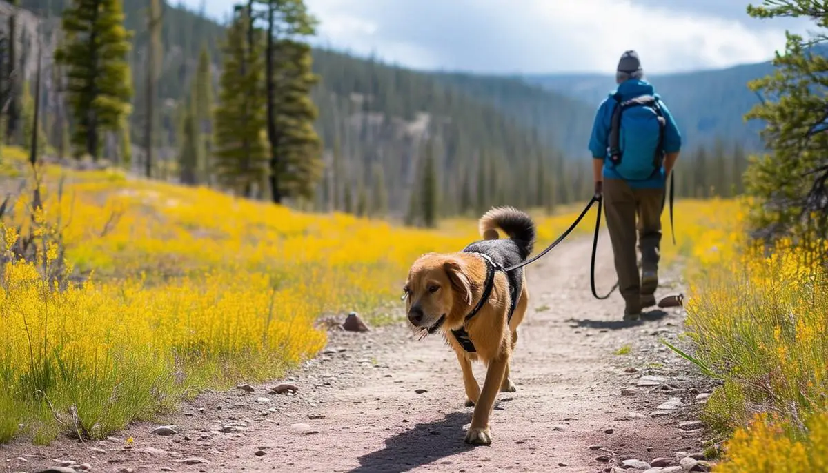 A dog walking obediently on a leash next to its owner on a scenic hiking trail in Yellowstone National Park.